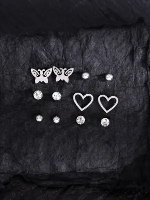 12pcs/set Butterfly & Heart Decor Stud Earrings