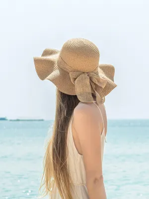 1pc Women's Spring/Summer Sun Hat With Wave Brim And Ribbon, Ideal For Beach, Travel Or Vacation Boho