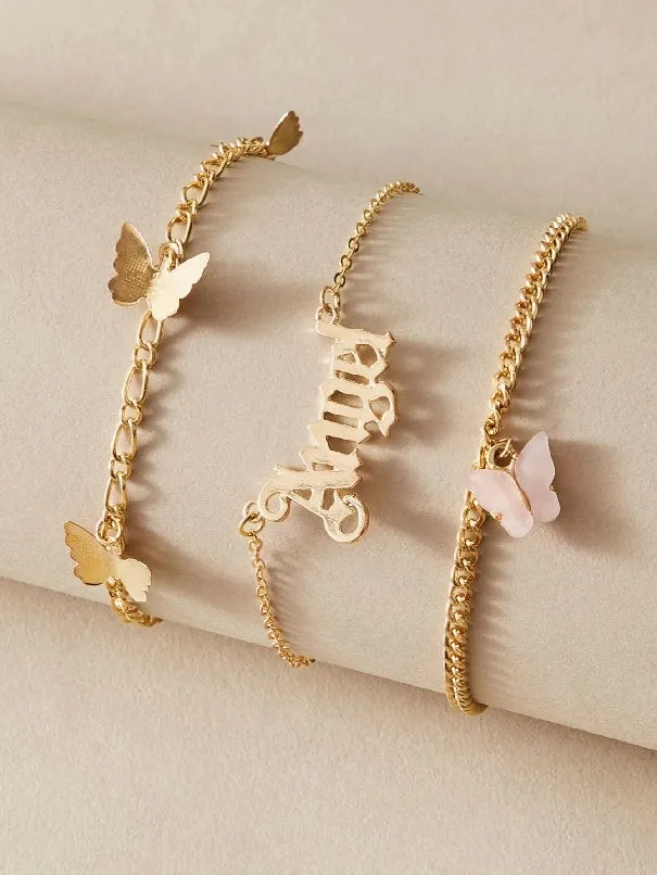 3pcs Butterfly Charm Letter Decor Anklet