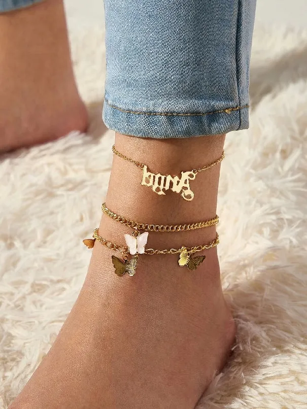 3pcs Butterfly Charm Letter Decor Anklet