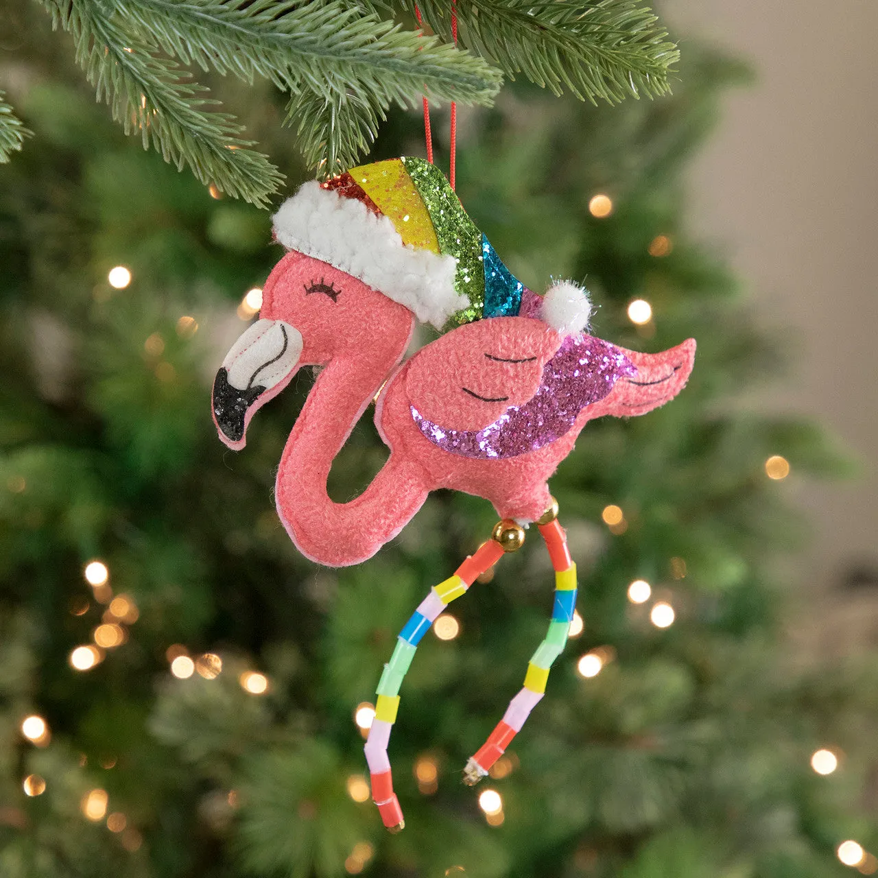 8.5" Pink Plush Flamingo Wearing a Santa Hat Christmas Ornament