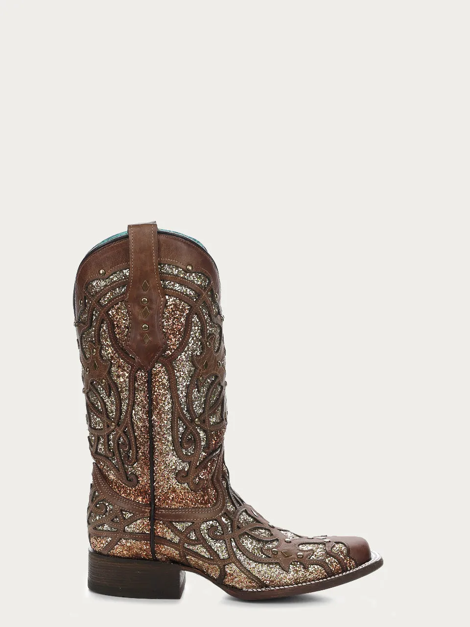 C3275 - WOMEN'S ORIX GLITTERED INLAY AND STUDS BROWN SQUARE TOE COWBOY BOOT