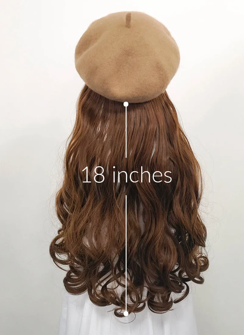 Camel Beret With Wavy Brown Hair Attached CW002