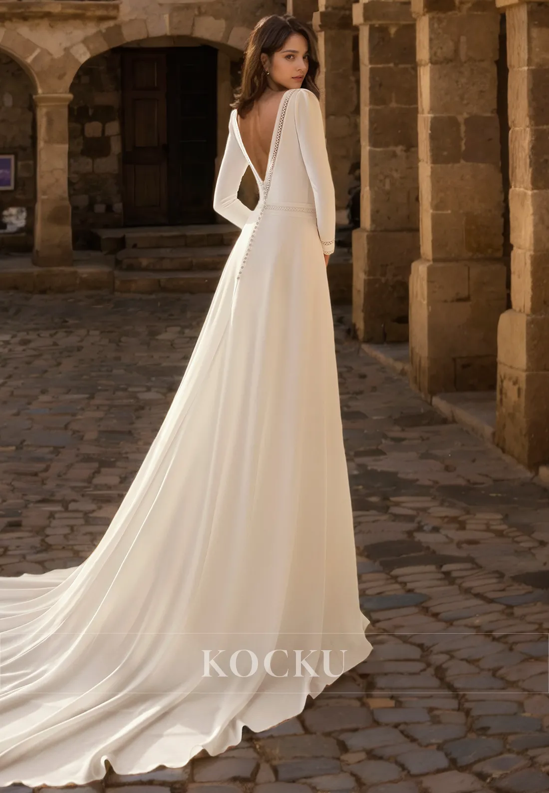 Classic & Timeless Backless Long sleeves A-Line Satin Wedding Dress