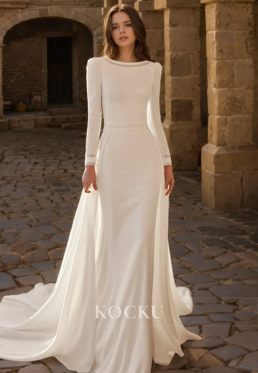 Classic & Timeless Backless Long sleeves A-Line Satin Wedding Dress