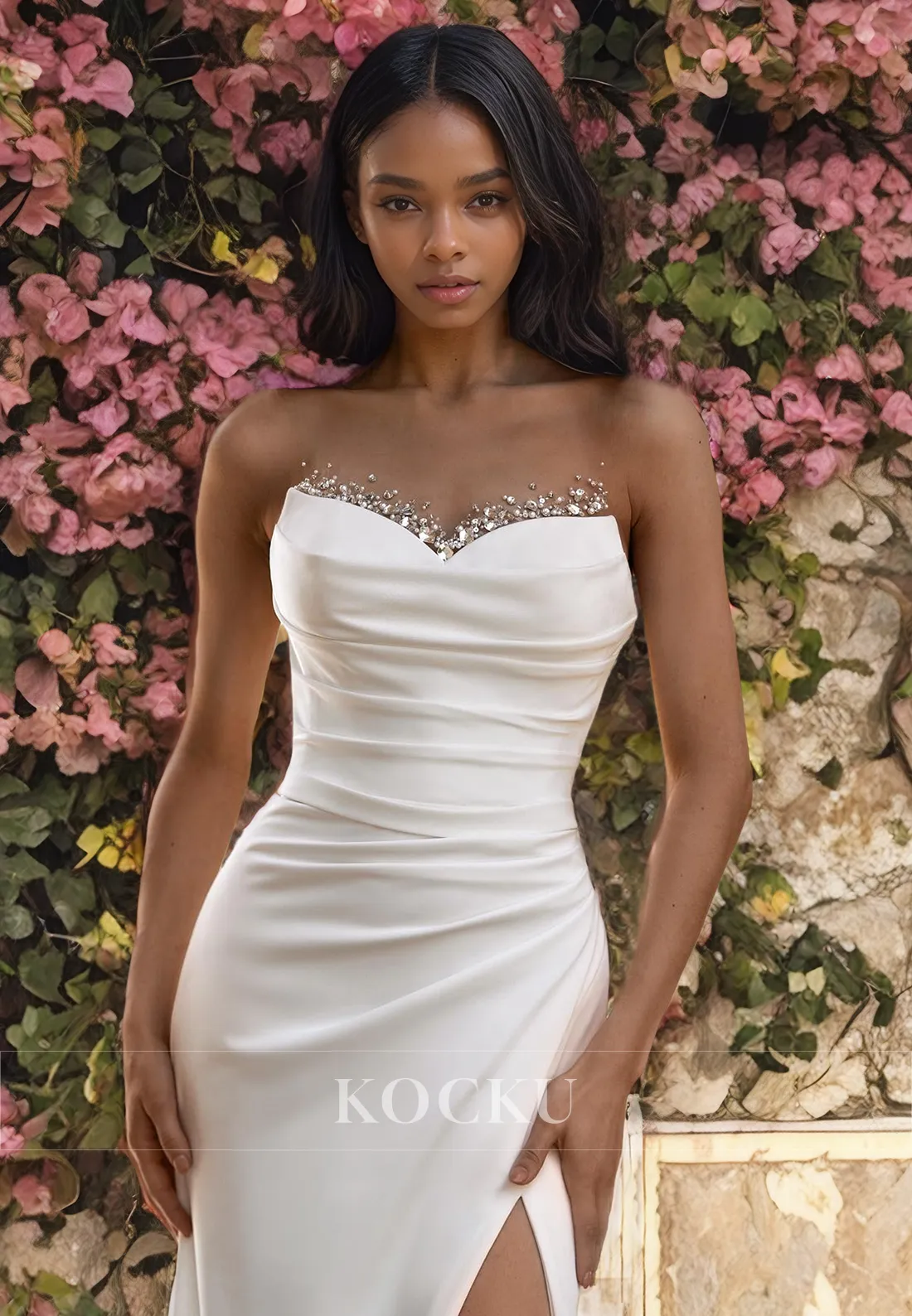 Classic & Timeless Off-Shoulder Sleeveless Ruched Beaded Wedding Dress