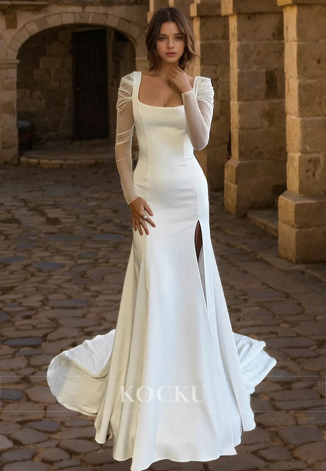 Classic & Timeless Square Appliques Long sleeves Mermaid Satin Wedding Dress