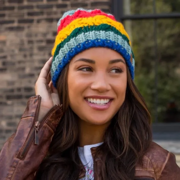 Rainbow Striped Colorful Cable Knit Fleece Lined Beanie Women's Winter Hat