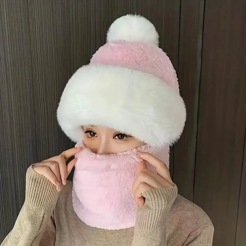 Solid Color Thickened Plush Neck Gaiter Mask Windproof Hooded Ear Protection Windproof Ski Hat